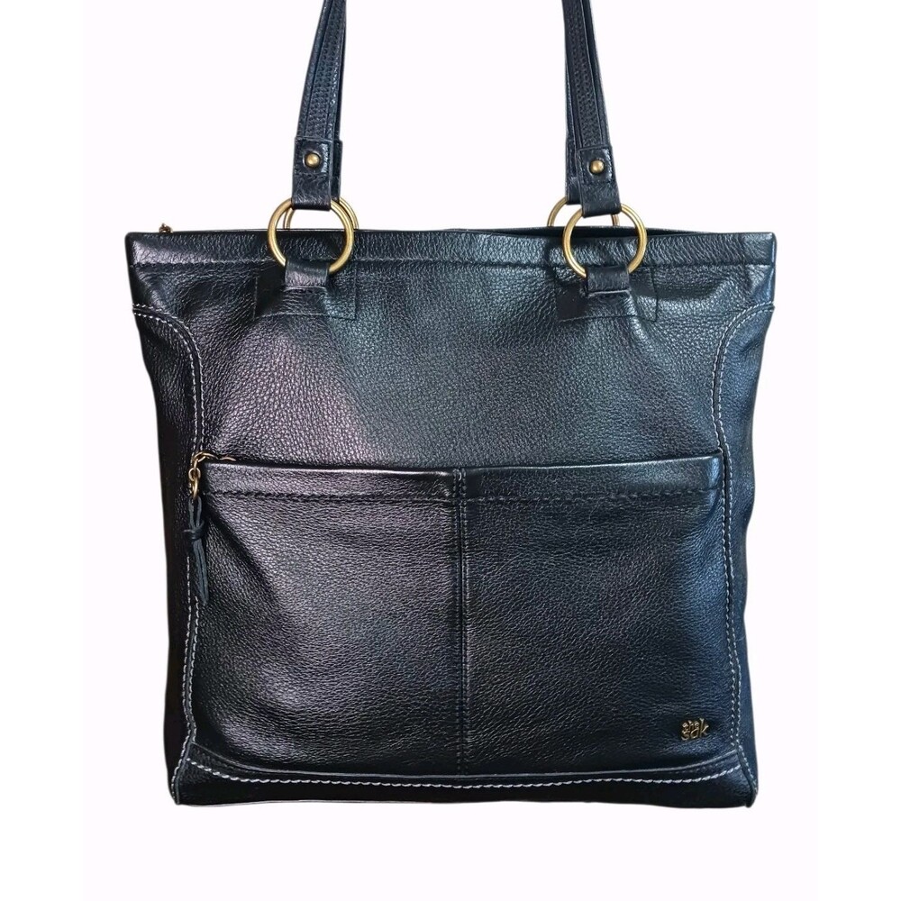 The Sak IRIS Large Black Pebbled Leather Tote Shoulder Bag Double Handle Zip Top